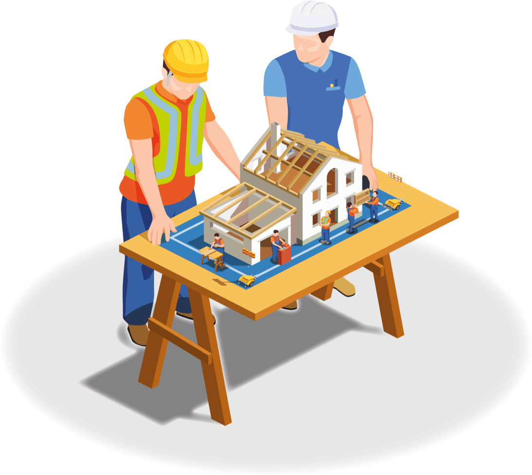 Ilustración ProjectMe ERP hombres con proyecto en una mesa